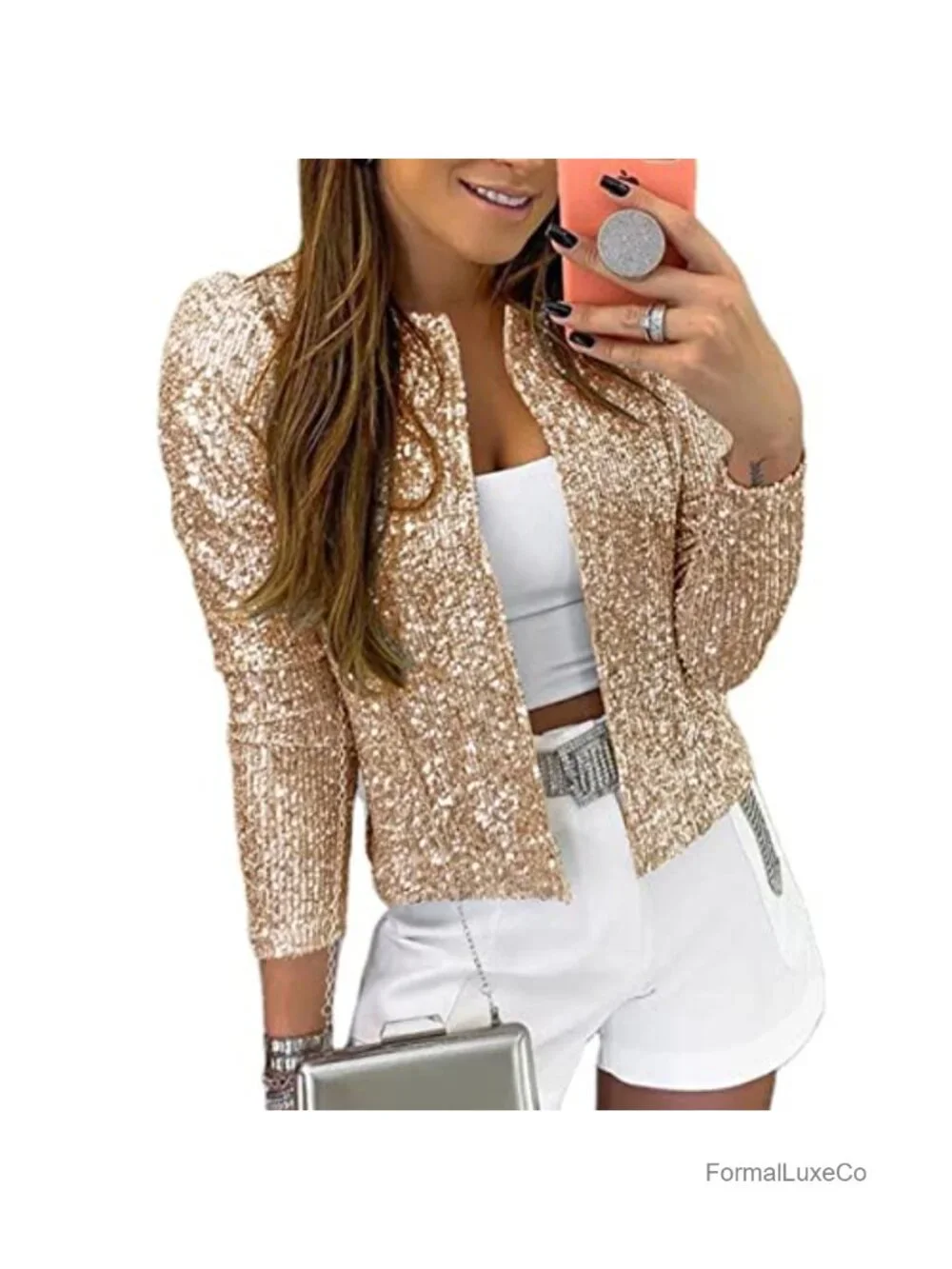 Sequin Cardigan Open Front Long Sleeve Puff Sleeve Crop Jacket Women